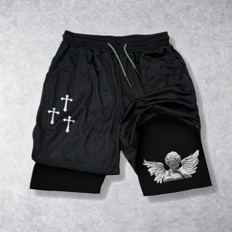 Christianartworkshop Triple Cross Outer Cherub Angel Sculpture Inner Two-Layer Drawstring Faith Shorts - Black - 3XL - image 0