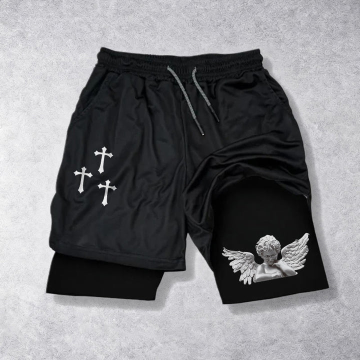Christianartworkshop Triple Cross Outer Cherub Angel Sculpture Inner Two-Layer Drawstring Faith Shorts - Black - 3XL - image 0