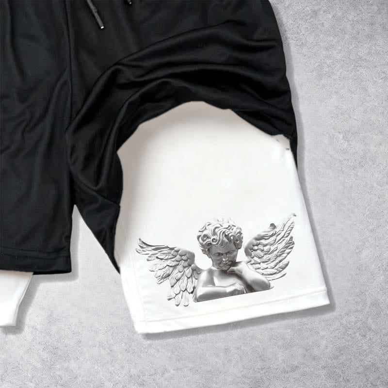 Christianartworkshop Triple Cross Outer Cherub Angel Sculpture Inner Two-Layer Drawstring Faith Shorts - image 9