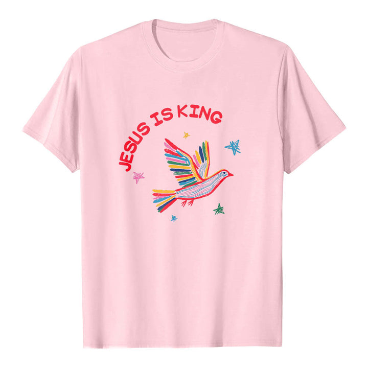 Christianartworkshop Curved Jesus Is King Letter Hand Drawn Dove Star Accent Front Print Classic T-Shirt - Pink - 2XL - image 24