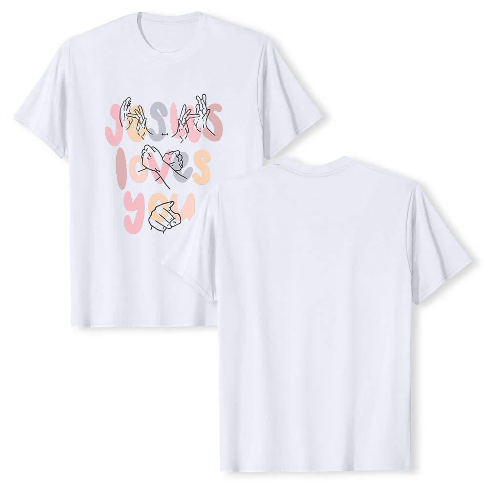 Christianartworkshop Jesus Loves You Bubble Letter Sign Language Hand Line Art Front Print Classic T-Shirt - image 5