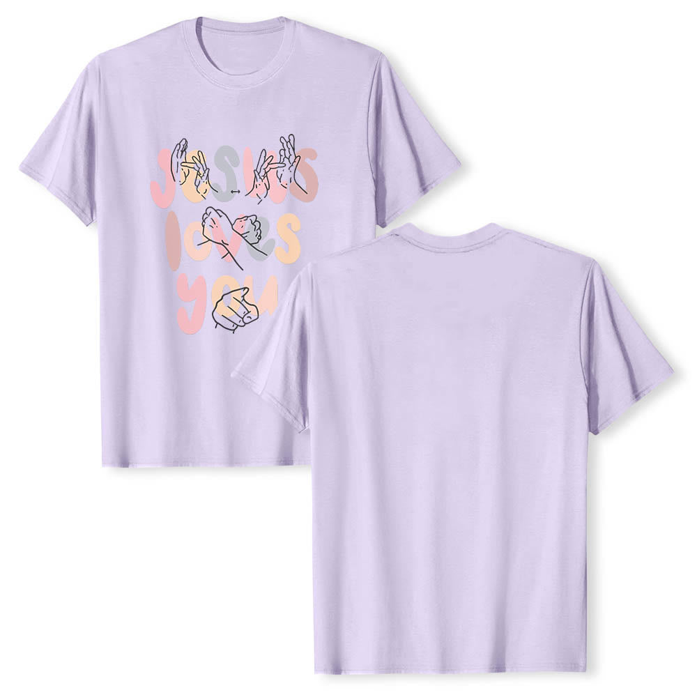 Christianartworkshop Jesus Loves You Bubble Letter Sign Language Hand Line Art Front Print Classic T-Shirt - image 17