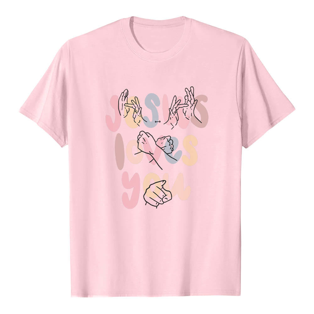 Christianartworkshop Jesus Loves You Bubble Letter Sign Language Hand Line Art Front Print Classic T-Shirt - Pink - 2XL - image 24