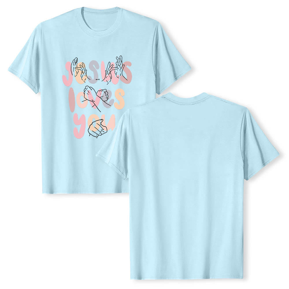 Christianartworkshop Jesus Loves You Bubble Letter Sign Language Hand Line Art Front Print Classic T-Shirt - image 14
