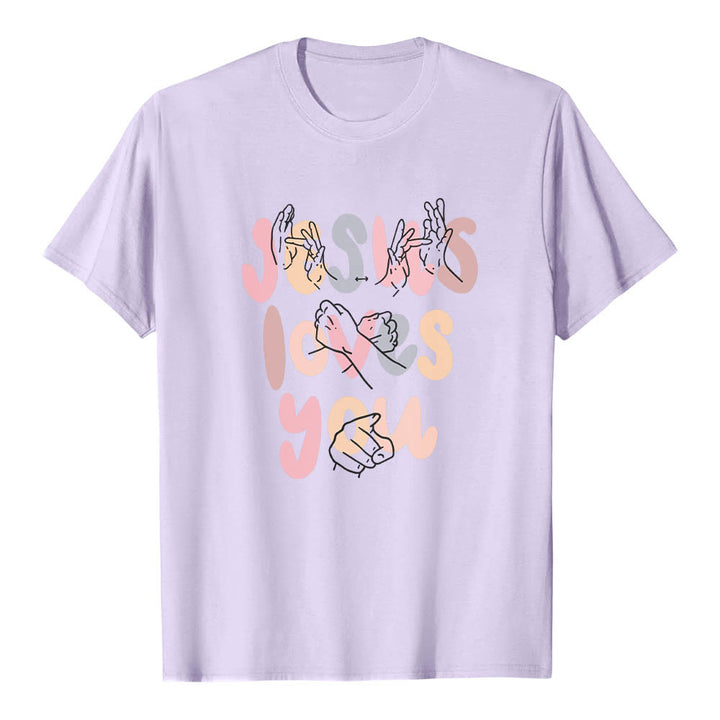 Christianartworkshop Jesus Loves You Bubble Letter Sign Language Hand Line Art Front Print Classic T-Shirt - Purple - 2XL - image 15