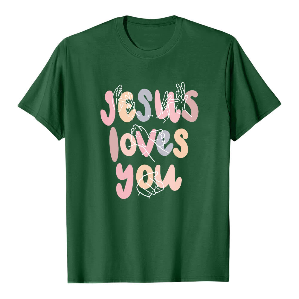 Christianartworkshop Jesus Loves You Bubble Letter Sign Language Hand Line Art Front Print Classic T-Shirt - Dark Green - 2XL - image 6