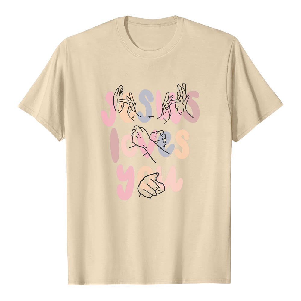 Christianartworkshop Jesus Loves You Bubble Letter Sign Language Hand Line Art Front Print Classic T-Shirt - Beige - 2XL - image 18