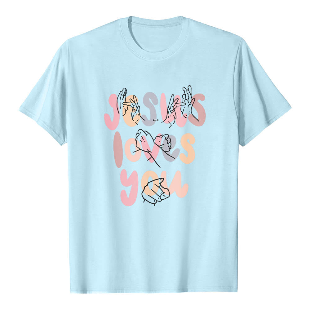 Christianartworkshop Jesus Loves You Bubble Letter Sign Language Hand Line Art Front Print Classic T-Shirt - Blue - 2XL - image 12