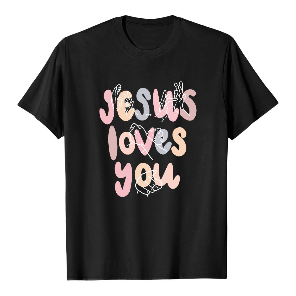Christianartworkshop Jesus Loves You Bubble Letter Sign Language Hand Line Art Front Print Classic T-Shirt - Black - 2XL - image 9