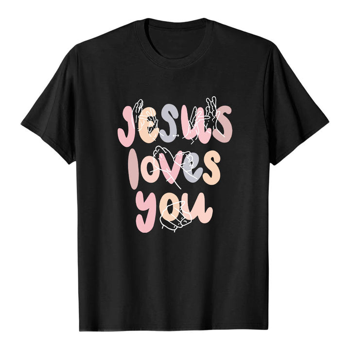 Christianartworkshop Jesus Loves You Bubble Letter Sign Language Hand Line Art Front Print Classic T-Shirt - Black - 2XL - image 9