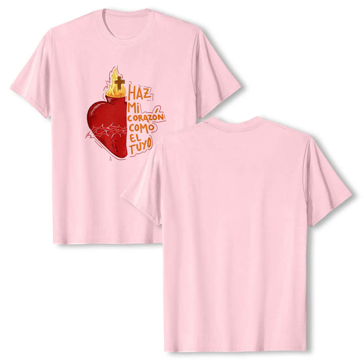 Christianartworkshop Sacred Thorn Wound Flame Cross Heart Spanish Devotional Slogan Front Print Classic T-Shirt - image 17