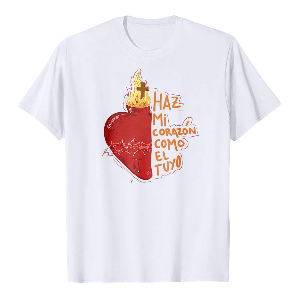 Christianartworkshop Sacred Thorn Wound Flame Cross Heart Spanish Devotional Slogan Front Print Classic T-Shirt - White - 2XL - image 4