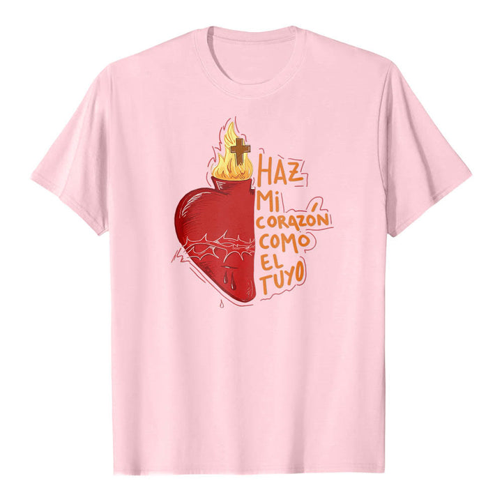 Christianartworkshop Sacred Thorn Wound Flame Cross Heart Spanish Devotional Slogan Front Print Classic T-Shirt - Pink - 2XL - image 16