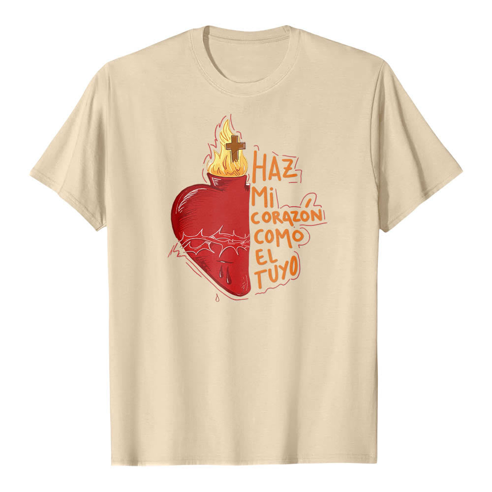 Christianartworkshop Sacred Thorn Wound Flame Cross Heart Spanish Devotional Slogan Front Print Classic T-Shirt - Beige - 2XL - image 0