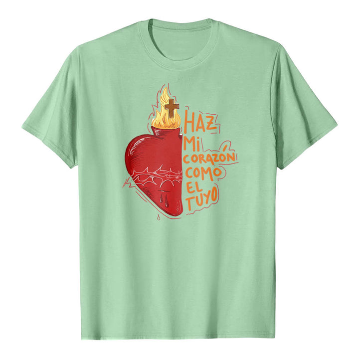 Christianartworkshop Sacred Thorn Wound Flame Cross Heart Spanish Devotional Slogan Front Print Classic T-Shirt - Light Green - 2XL - image 14