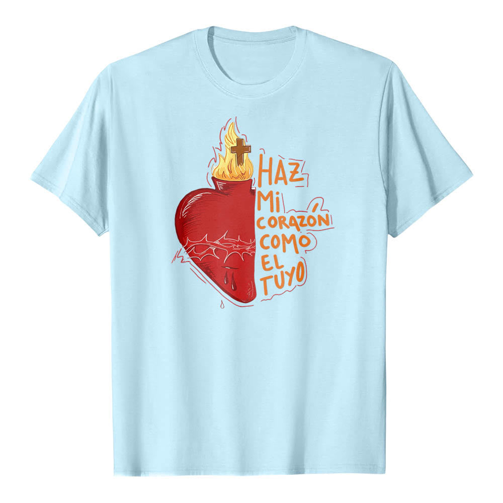 Christianartworkshop Sacred Thorn Wound Flame Cross Heart Spanish Devotional Slogan Front Print Classic T-Shirt - Blue - 2XL - image 10