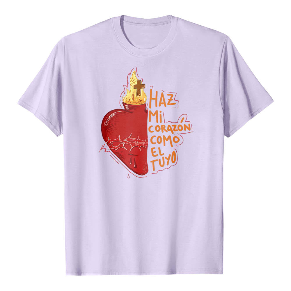 Christianartworkshop Sacred Thorn Wound Flame Cross Heart Spanish Devotional Slogan Front Print Classic T-Shirt - Purple - 2XL - image 12