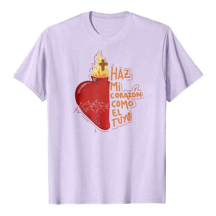 Christianartworkshop Sacred Thorn Wound Flame Cross Heart Spanish Devotional Slogan Front Print Classic T-Shirt - Purple - 2XL - image 12
