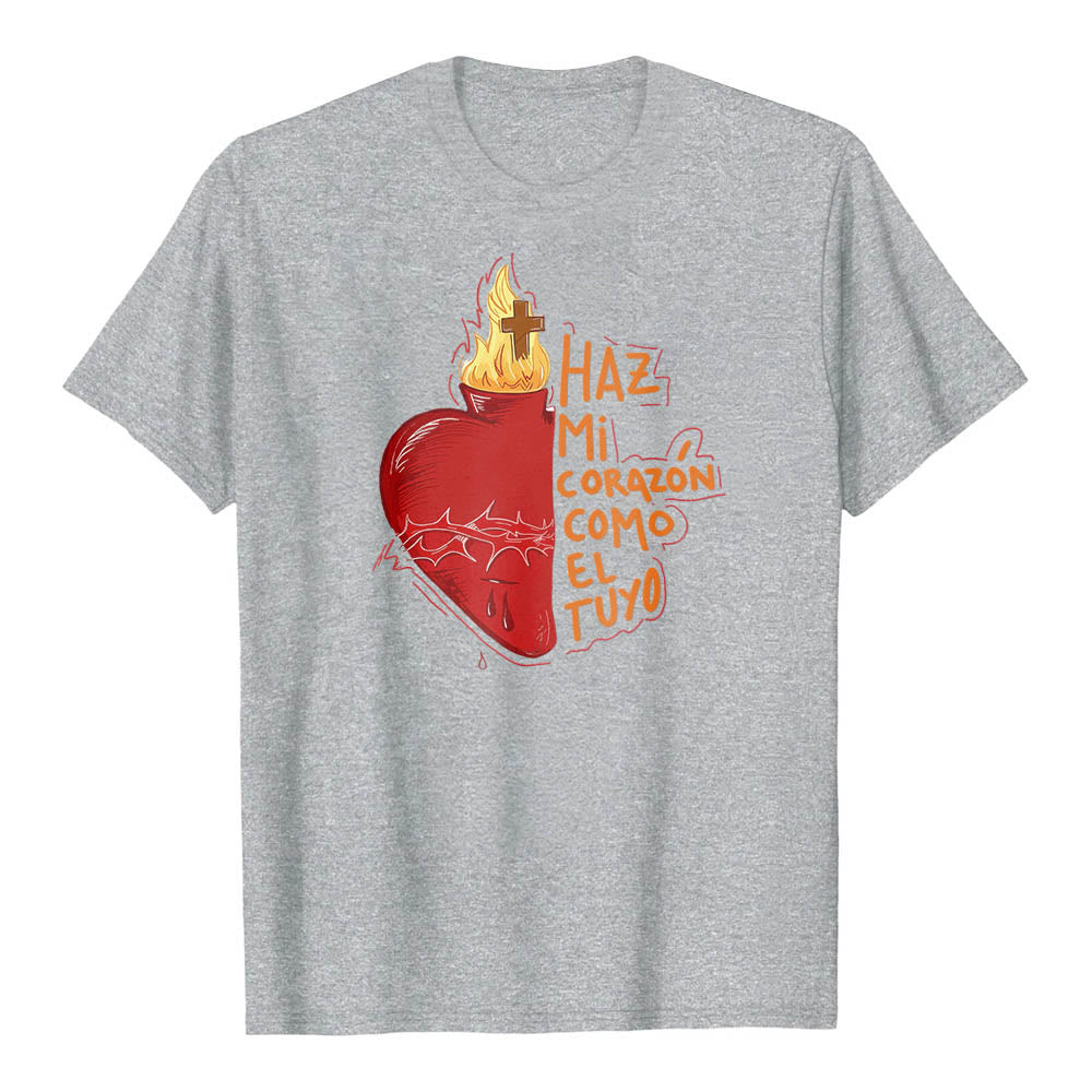 Christianartworkshop Sacred Thorn Wound Flame Cross Heart Spanish Devotional Slogan Front Print Classic T-Shirt - Grey - 2XL - image 2