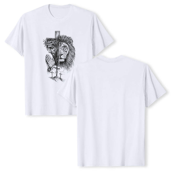 Christianartworkshop Split Portrait Praying Jesus Lion Cross Golgotha Three Cross Front Print Classic T-Shirt - image 1