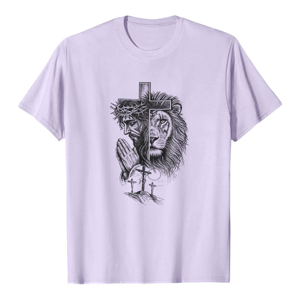 Christianartworkshop Split Portrait Praying Jesus Lion Cross Golgotha Three Cross Front Print Classic T-Shirt - Purple - 2XL - image 12