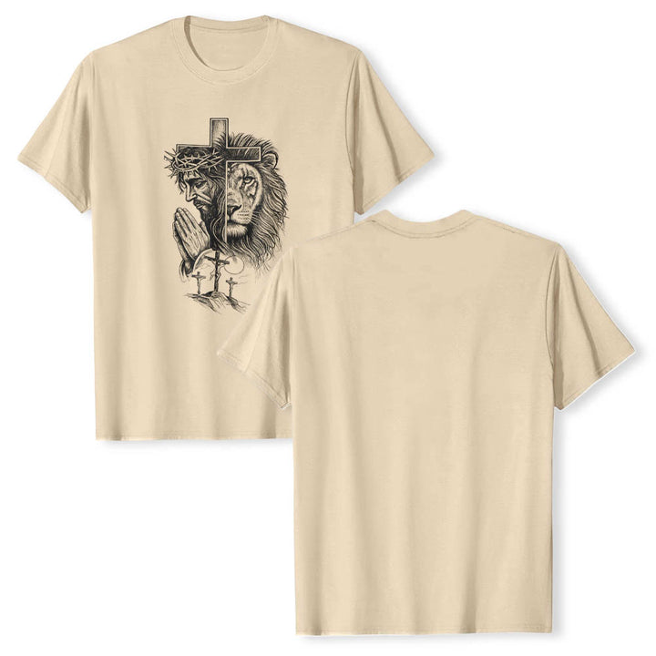 Christianartworkshop Split Portrait Praying Jesus Lion Cross Golgotha Three Cross Front Print Classic T-Shirt - image 3
