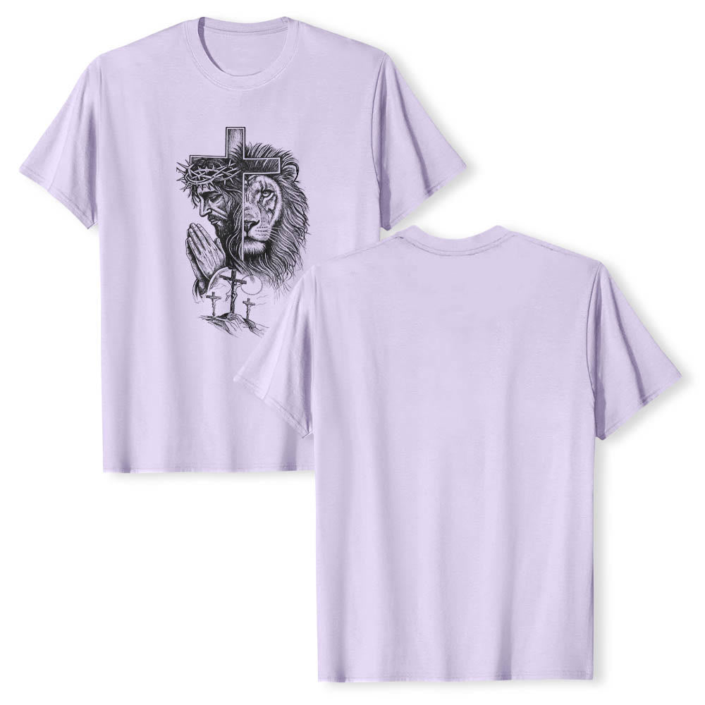Christianartworkshop Split Portrait Praying Jesus Lion Cross Golgotha Three Cross Front Print Classic T-Shirt - image 13