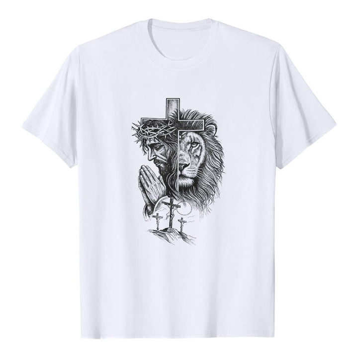 Christianartworkshop Split Portrait Praying Jesus Lion Cross Golgotha Three Cross Front Print Classic T-Shirt - White - 2XL - image 0