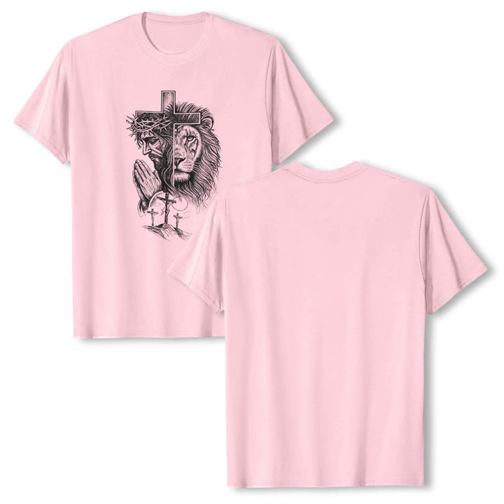 Christianartworkshop Split Portrait Praying Jesus Lion Cross Golgotha Three Cross Front Print Classic T-Shirt - image 17