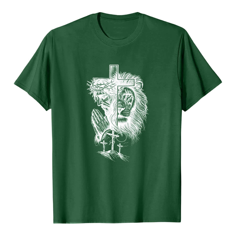 Christianartworkshop Split Portrait Praying Jesus Lion Cross Golgotha Three Cross Front Print Classic T-Shirt - Dark Green - 2XL - image 6
