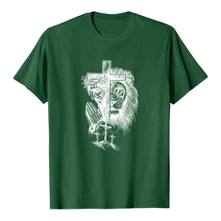 Christianartworkshop Split Portrait Praying Jesus Lion Cross Golgotha Three Cross Front Print Classic T-Shirt - Dark Green - 2XL - image 6