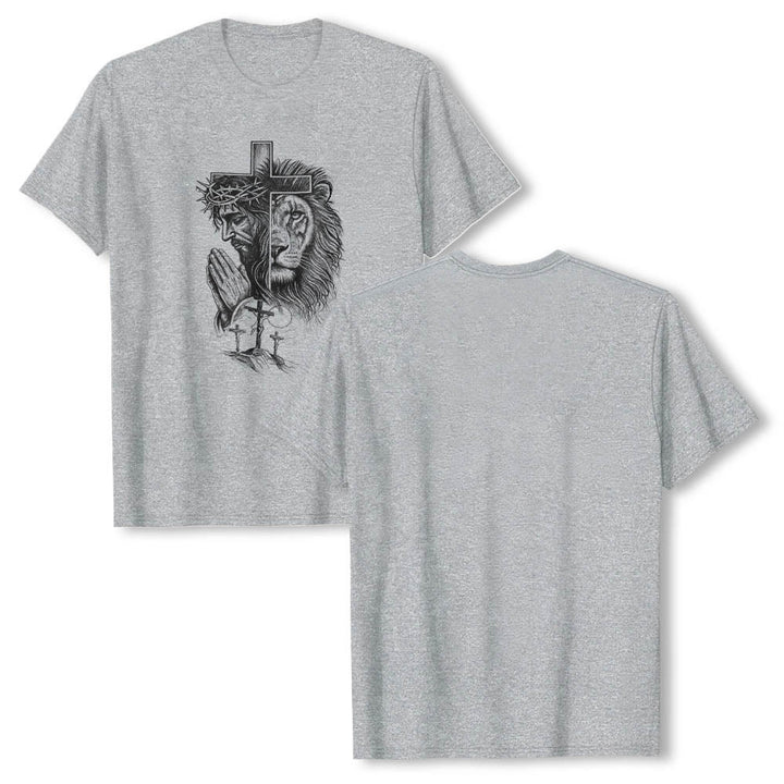 Christianartworkshop Split Portrait Praying Jesus Lion Cross Golgotha Three Cross Front Print Classic T-Shirt - image 5