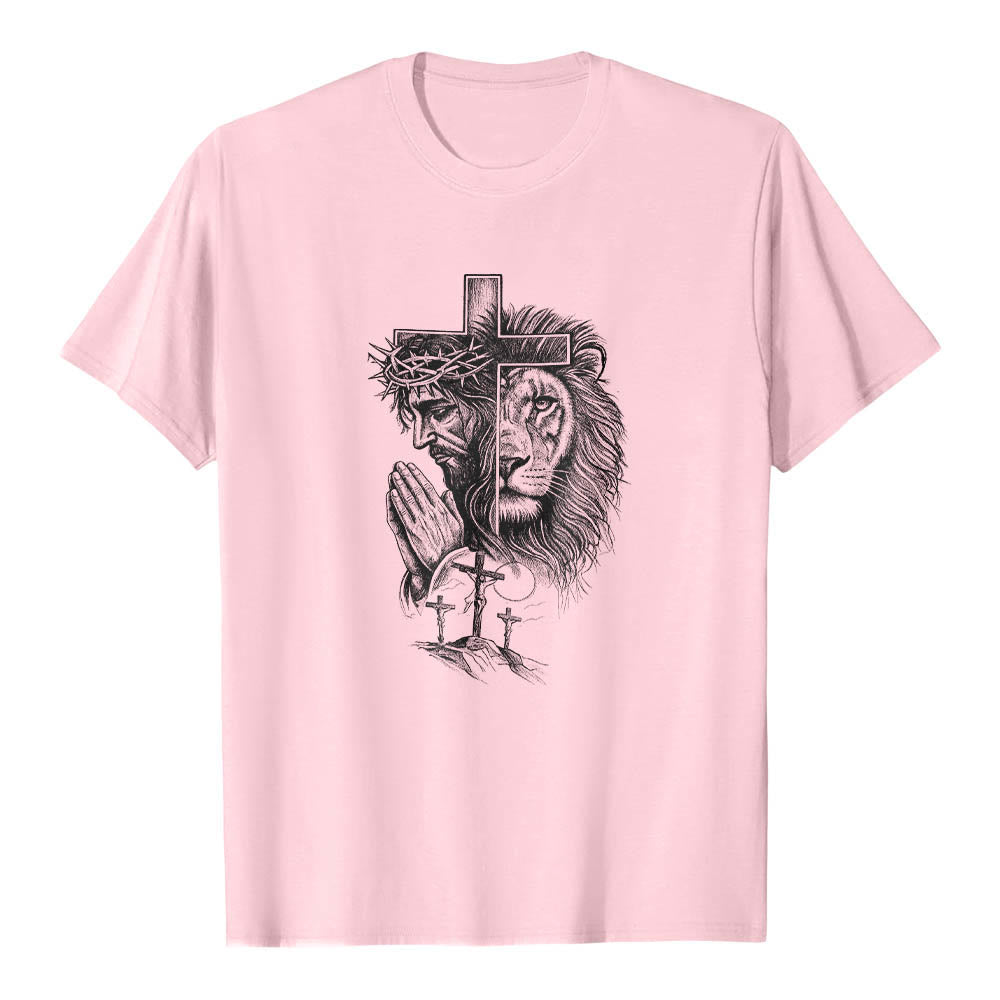 Christianartworkshop Split Portrait Praying Jesus Lion Cross Golgotha Three Cross Front Print Classic T-Shirt - Pink - 2XL - image 16