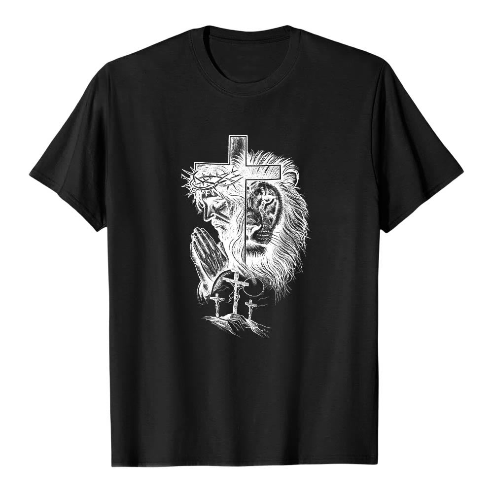 Christianartworkshop Split Portrait Praying Jesus Lion Cross Golgotha Three Cross Front Print Classic T-Shirt - Black - 2XL - image 8