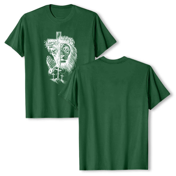 Christianartworkshop Split Portrait Praying Jesus Lion Cross Golgotha Three Cross Front Print Classic T-Shirt - image 7