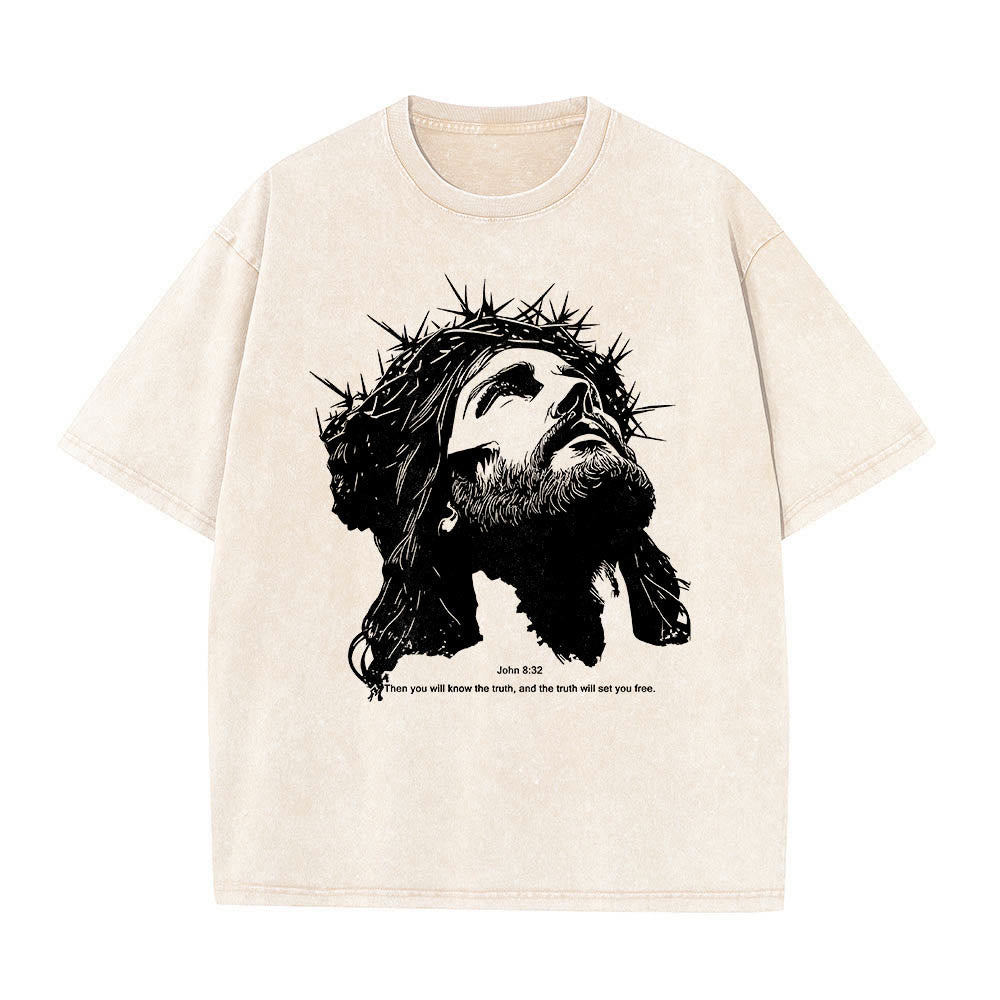 Christianartworkshop Thorn Crown Jesus Portrait John 8:32 Scripture Verse Front Print Vintage Washed T-Shirt - Beige - 5XL - image 0