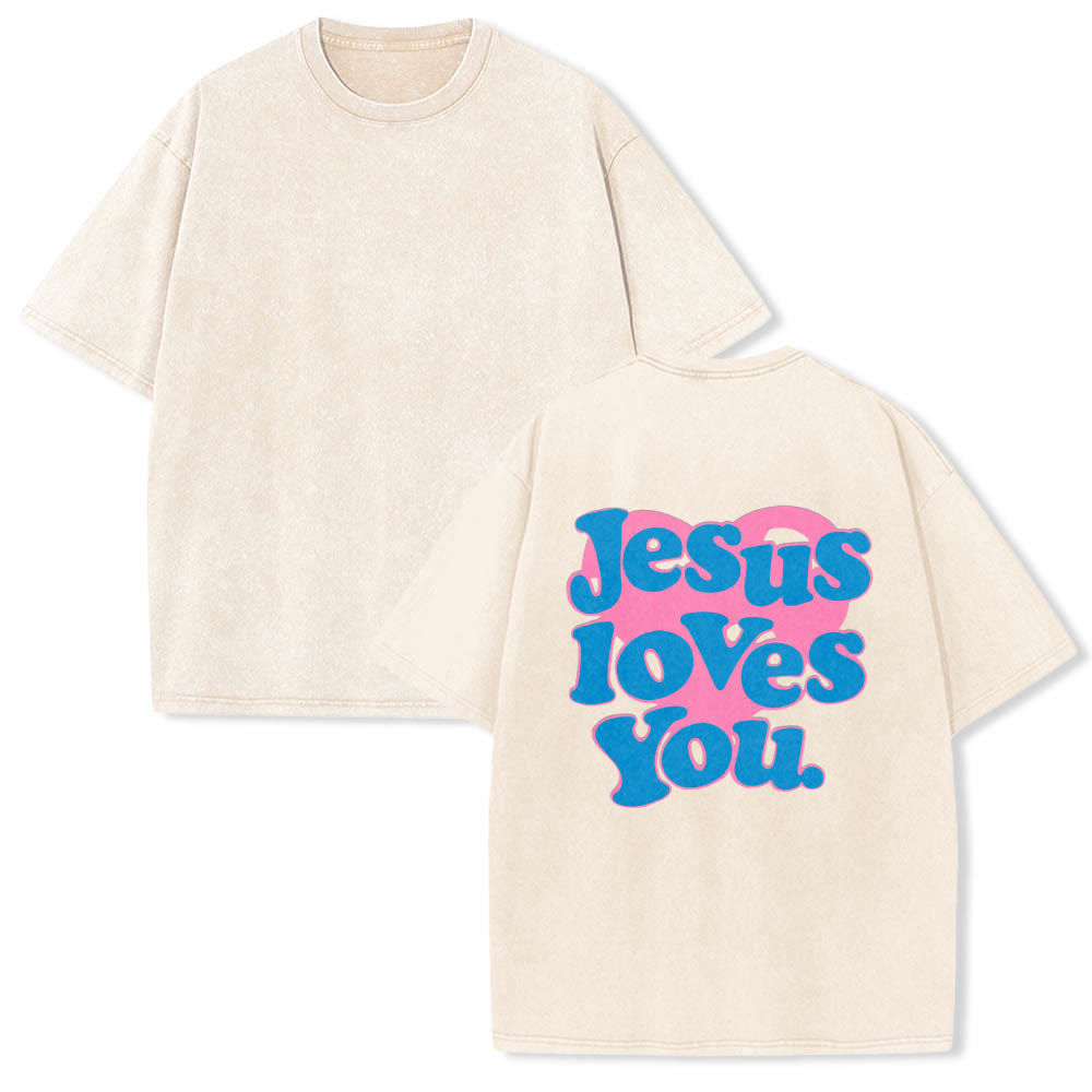 Christianartworkshop Heart Back Bubble Font Jesus Loves You Statement Print Washed T‑Shirt - image 1