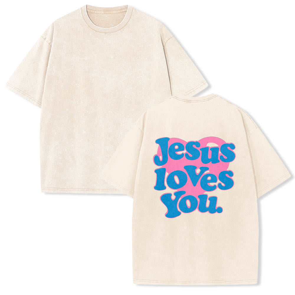 Christianartworkshop Heart Back Bubble Font Jesus Loves You Statement Print Washed T‑Shirt - image 1
