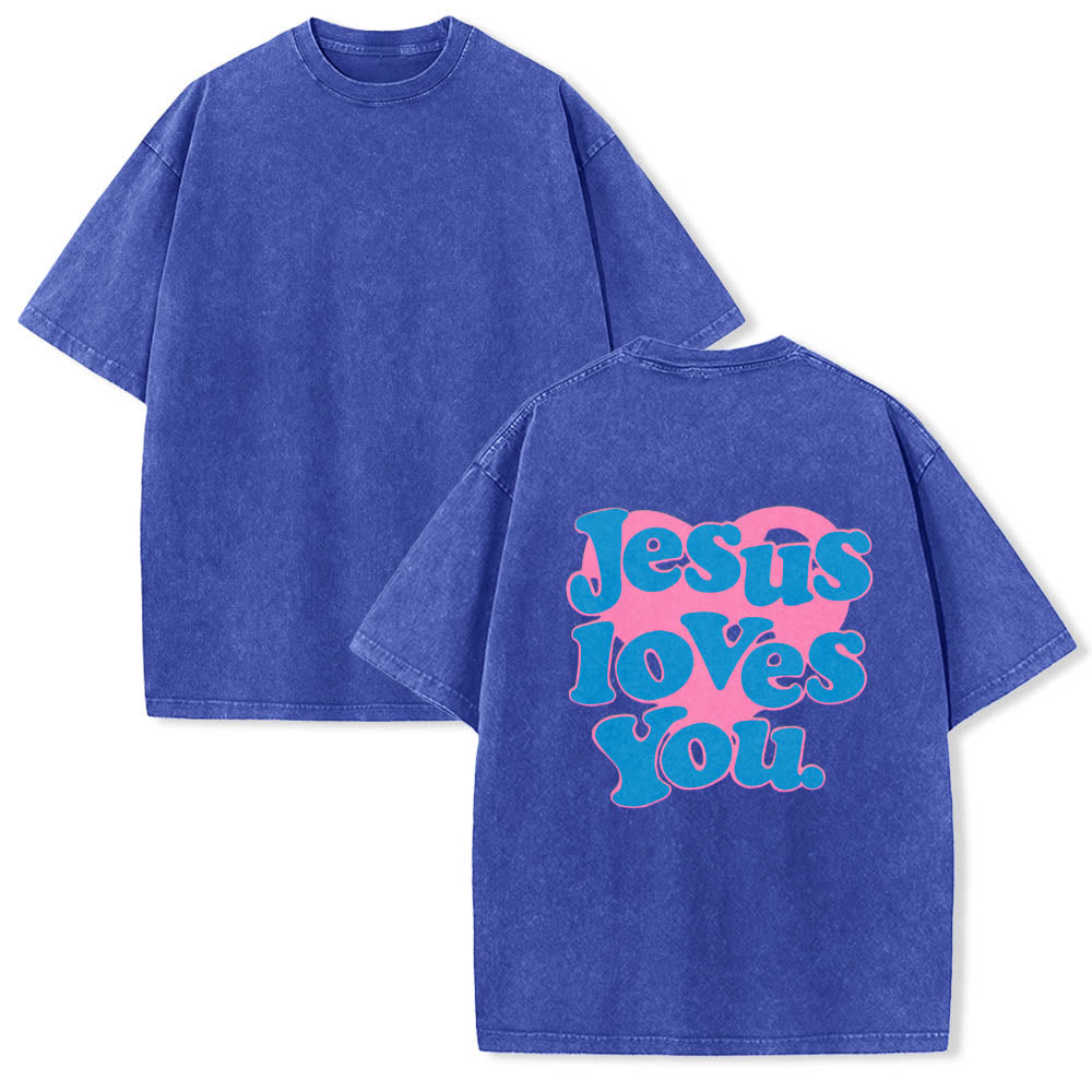 Christianartworkshop Heart Back Bubble Font Jesus Loves You Statement Print Washed T‑Shirt - image 7
