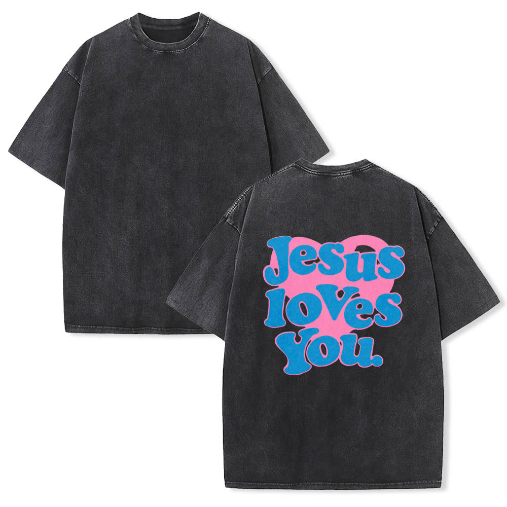 Christianartworkshop Heart Back Bubble Font Jesus Loves You Statement Print Washed T‑Shirt - image 5