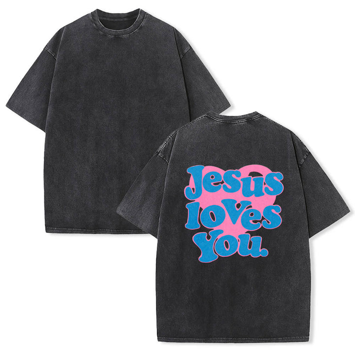 Christianartworkshop Heart Back Bubble Font Jesus Loves You Statement Print Washed T‑Shirt - image 5