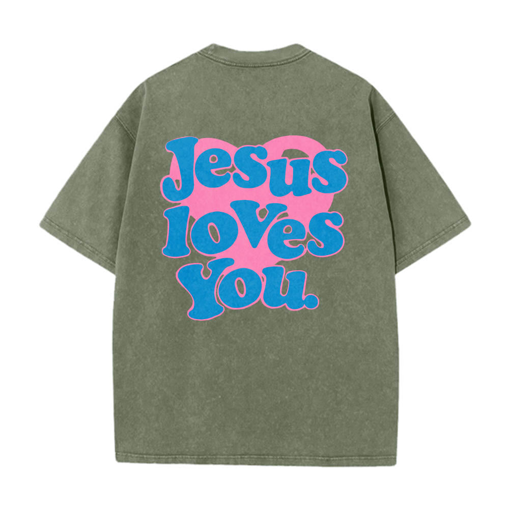 Christianartworkshop Heart Back Bubble Font Jesus Loves You Statement Print Washed T‑Shirt - Army Green - 5XL - image 16