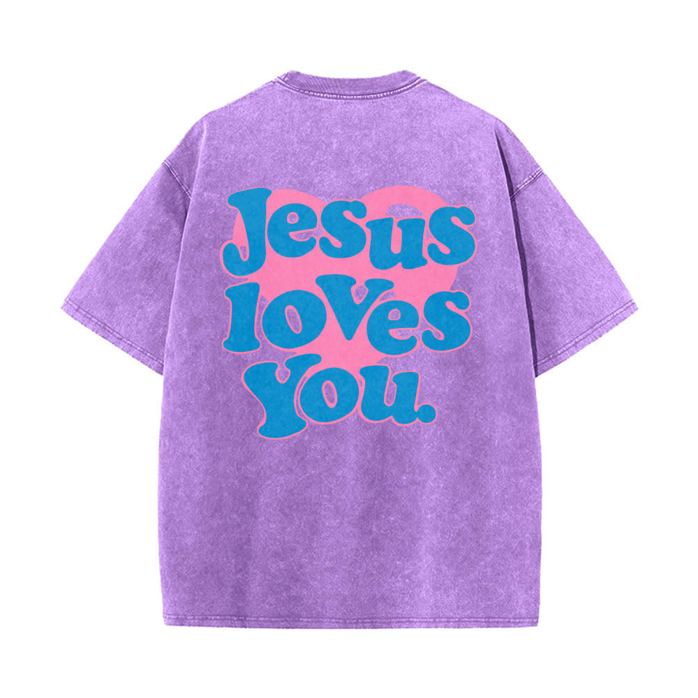 Christianartworkshop Heart Back Bubble Font Jesus Loves You Statement Print Washed T‑Shirt - Purple - 5XL - image 12