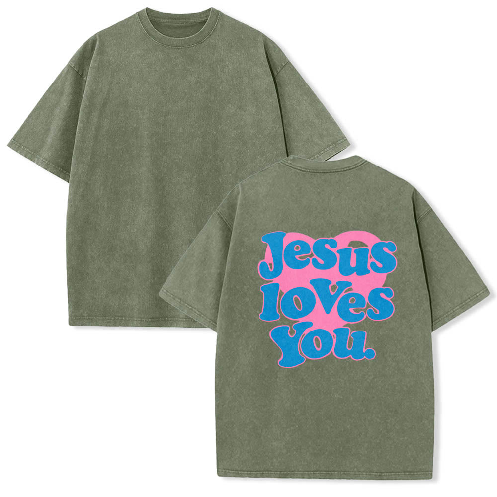 Christianartworkshop Heart Back Bubble Font Jesus Loves You Statement Print Washed T‑Shirt - image 17