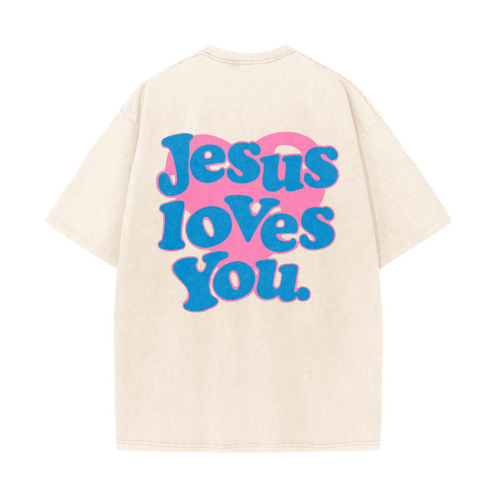 Christianartworkshop Heart Back Bubble Font Jesus Loves You Statement Print Washed T‑Shirt - Beige - 5XL - image 0