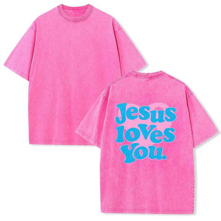Christianartworkshop Heart Back Bubble Font Jesus Loves You Statement Print Washed T‑Shirt - image 15