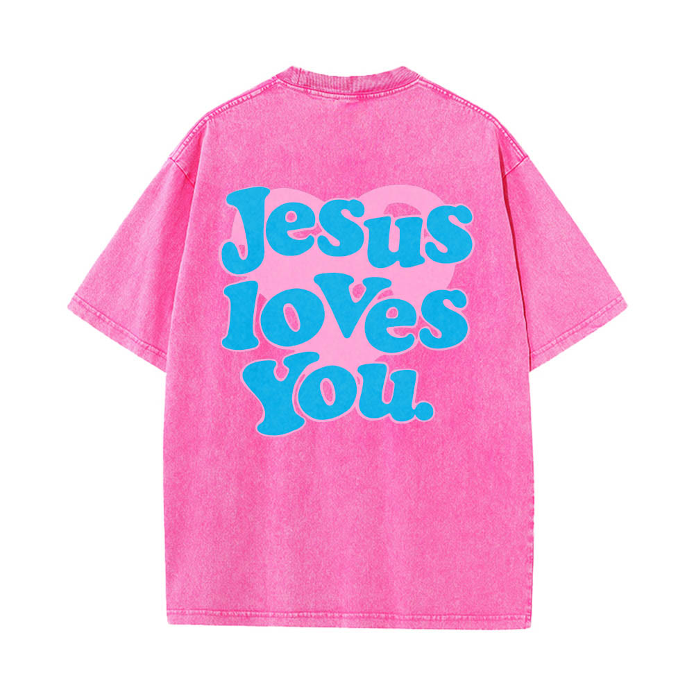 Christianartworkshop Heart Back Bubble Font Jesus Loves You Statement Print Washed T‑Shirt - Pink - 5XL - image 14