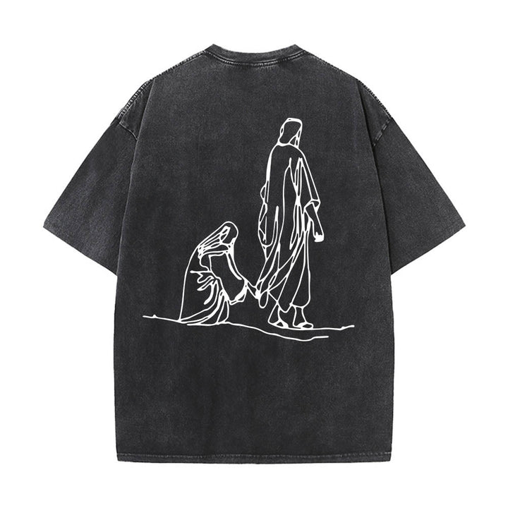 Christianartworkshop Matthew 9:20‑22 Faith Quote Front Bleeding Woman Touch Christ Robe Line Art Rear Print Washed T‑Shirt - image 11
