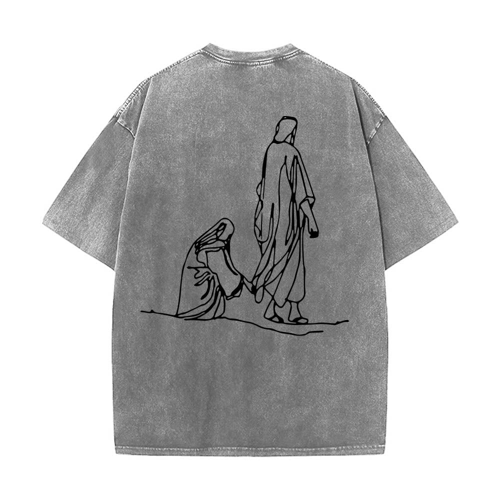 Christianartworkshop Matthew 9:20‑22 Faith Quote Front Bleeding Woman Touch Christ Robe Line Art Rear Print Washed T‑Shirt - image 8