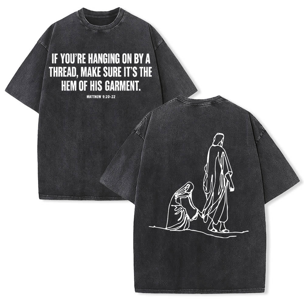 Christianartworkshop Matthew 9:20‑22 Faith Quote Front Bleeding Woman Touch Christ Robe Line Art Rear Print Washed T‑Shirt - Black - 5XL - image 9